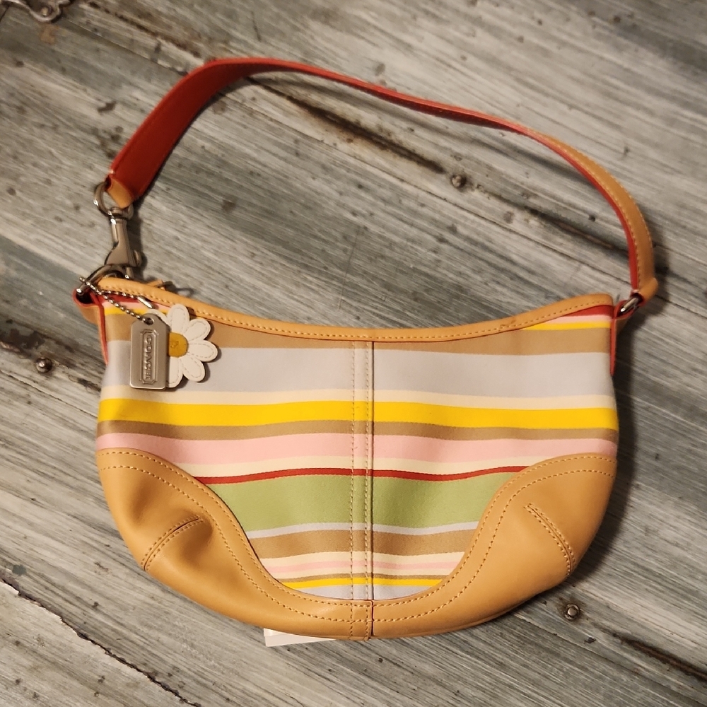 Coach Tan Poppy Shoulder Bag with Colorful Stripes
